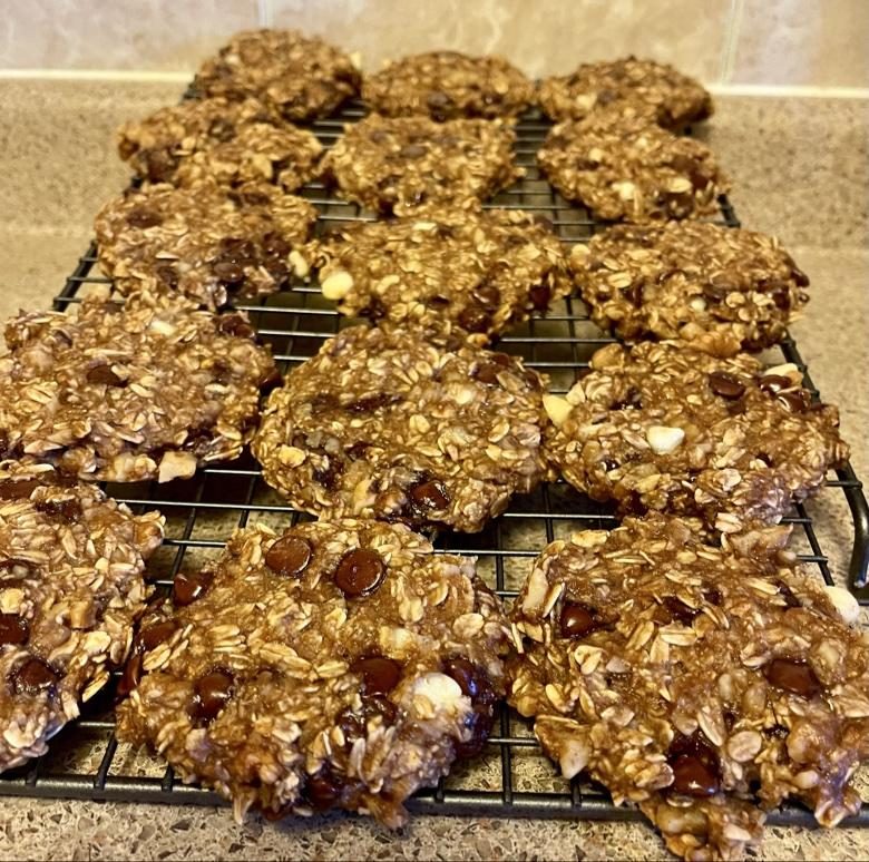 Banana oatmeal walnut cookies cooling on a rack