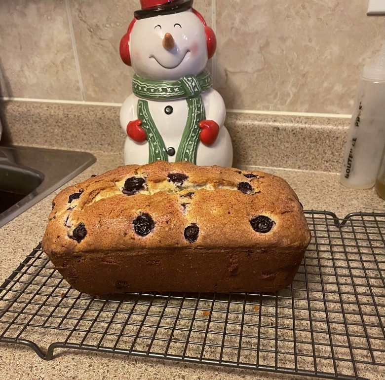 Blueberry loaf on a cooling rack