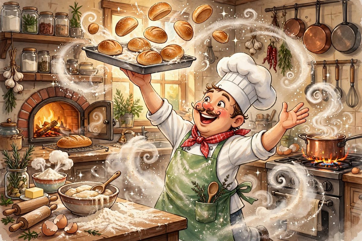 Cheerful cartoon chef tossing a tray of fresh buns as flour swirls through a warm kitchen