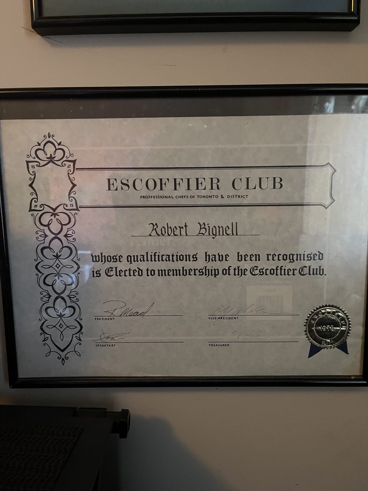 Bob's framed Escoffier Club membership certificate from the Professional Chefs of Toronto and District