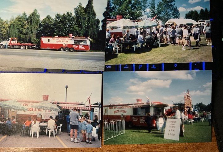 Four-photo collage of Bob's red and white SPUDS & STUFF fry trailer at festivals, with crowds, customers at tables, and the open sign