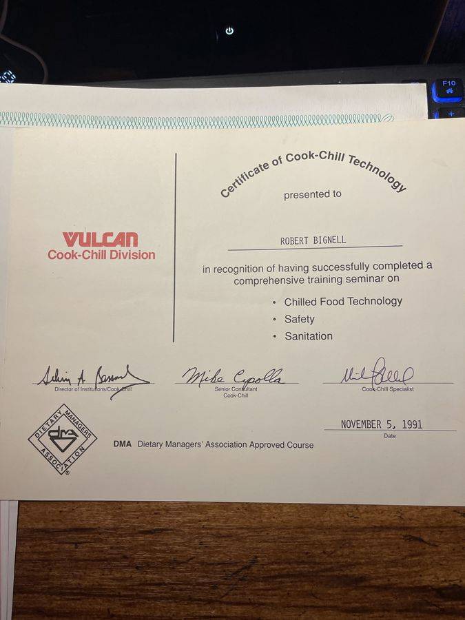 Bob's 1991 Vulcan Cook-Chill Technology certificate