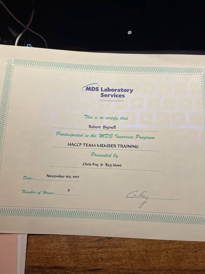 Bob's 1997 HACCP training certificate