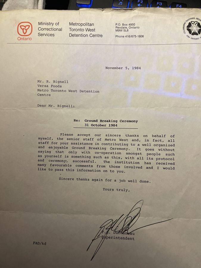 1984 Ministry of Correctional Services thank-you letter to Bob