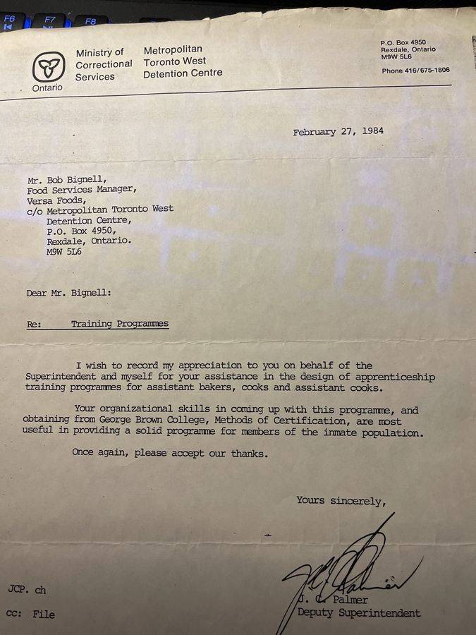 1984 letter thanking Bob for designing inmate cook and baker apprenticeship programs