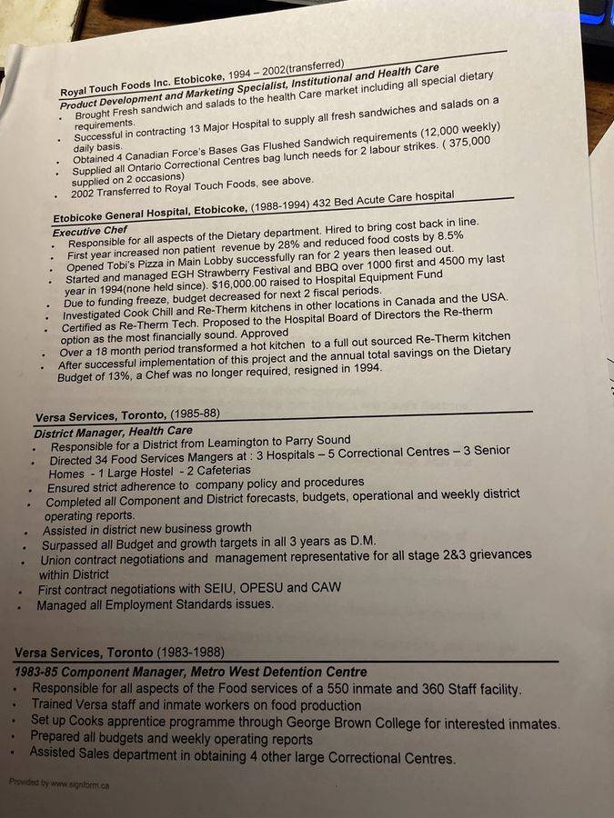 Second page of Bob's food-service résumé