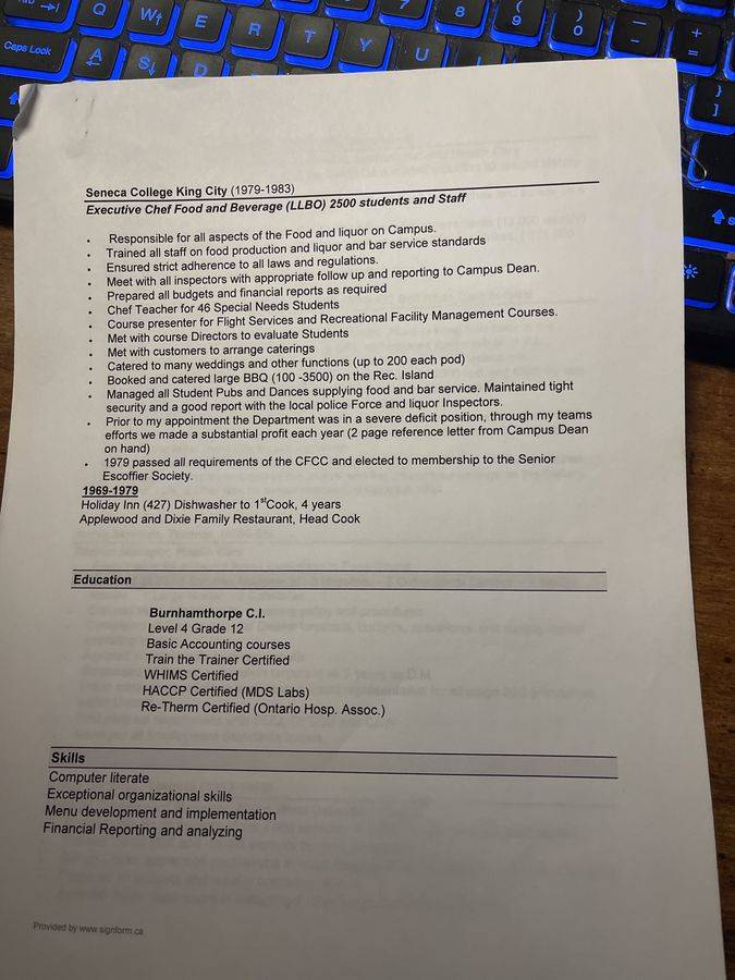 Third page of Bob's food-service résumé