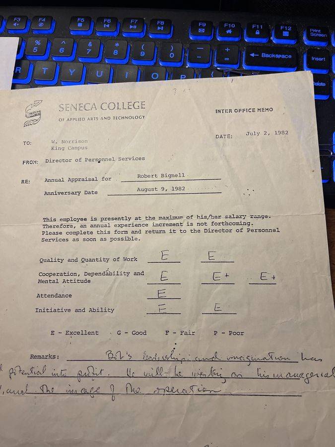 Bob's 1982 Seneca College performance appraisal