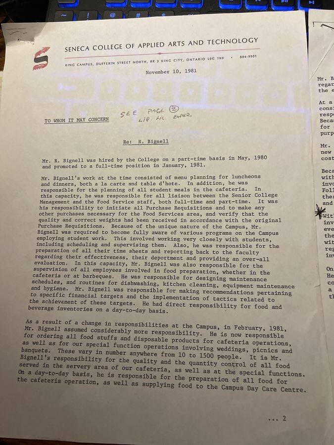 First page of Bob's 1981 Seneca College evaluation