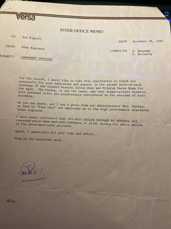 1986 Versa thank-you memo to Bob