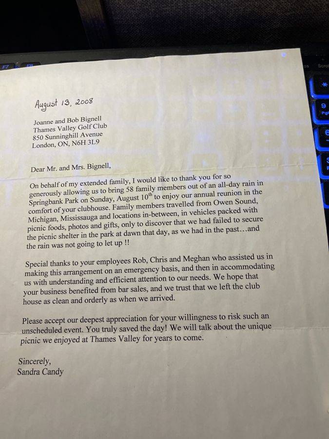2008 thank-you letter to Bob and Joanne from a family reunion group