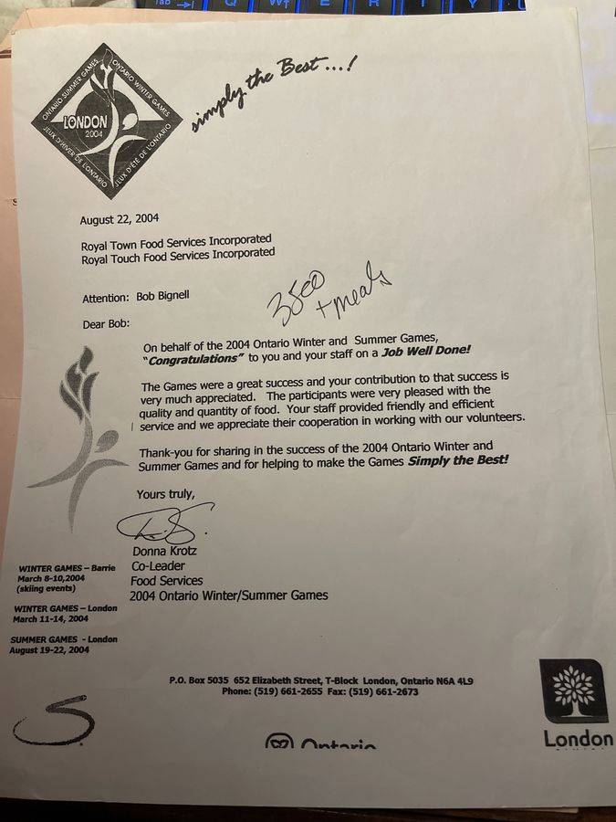2004 Ontario Games thank-you letter to Bob