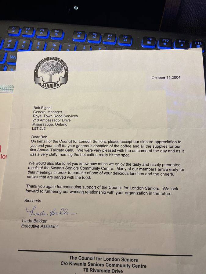 2004 Council for London Seniors thank-you letter to Bob